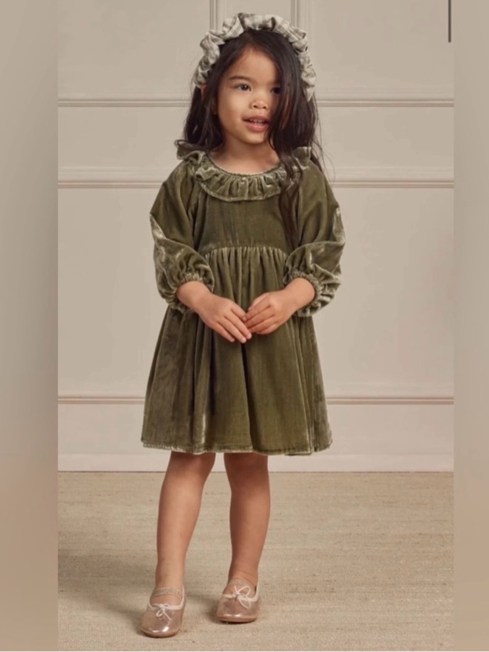 Noralee Olive Velvet Ruffle Collar Kids Adeline Dress size 18mo
